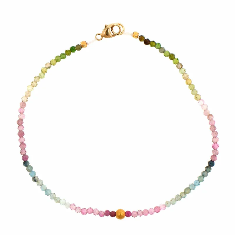 18K Yellow Gold Watermelon Tourmaline Beaded Bracelet