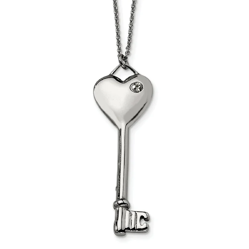 Stainless Steel Heart with CZ Key Pendant