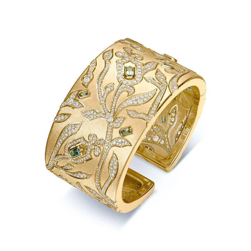 Feuillage Manchette, 18k Yellow Gold with Arch Cut Green Tourmalines and Brilliant Diamonds